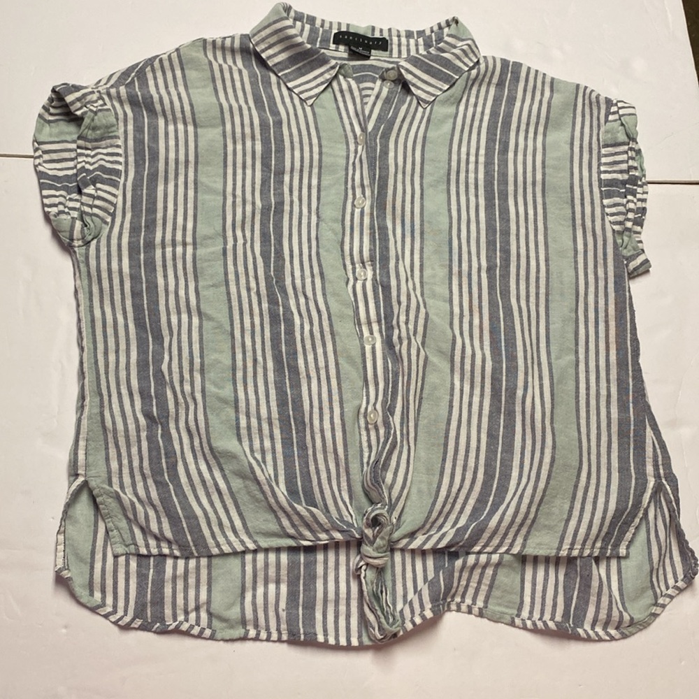 Cotton/Linen Blend Short Sleeve Button Down Tie waist Striped Shirt Sanctuary M